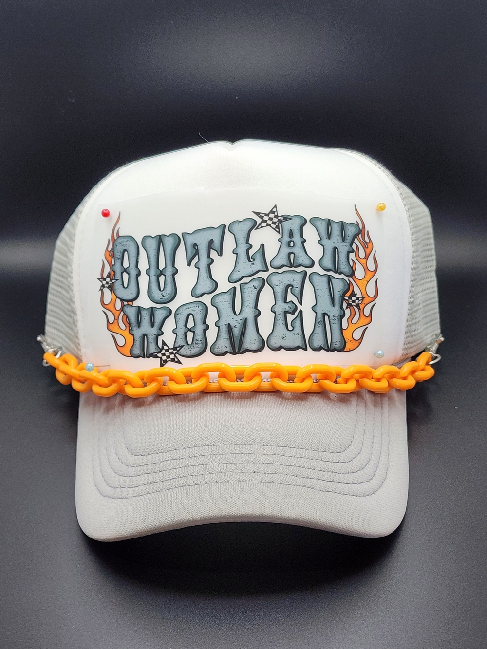 Outlaw Women Graphic Trucker Hat - Gray And White with Orange Chain